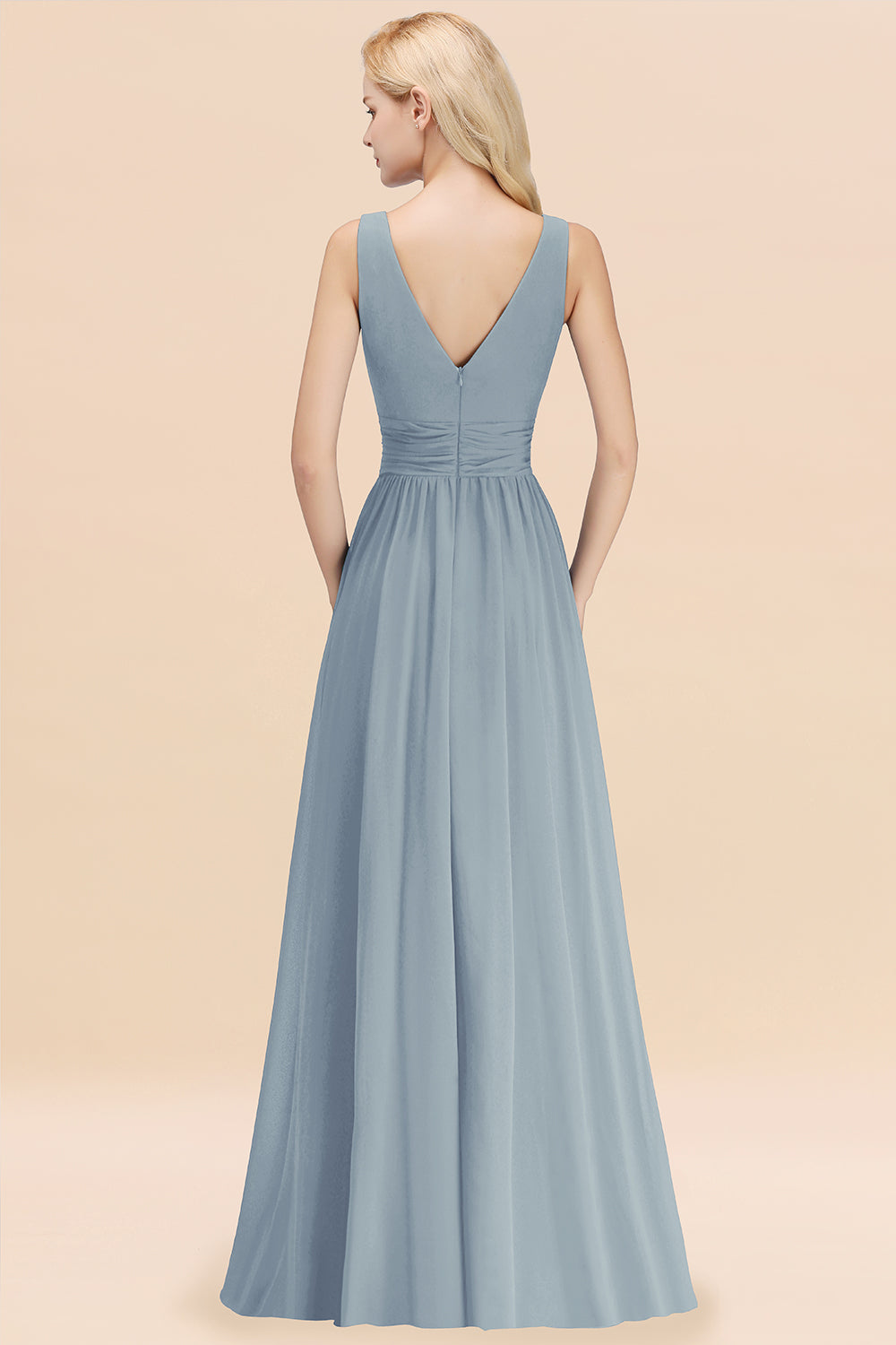 Long V-neck Sleeveless Chiffon A-line Dusty Blue Bridesmaid Dress