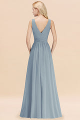 Long V-neck Sleeveless Chiffon A-line Dusty Blue Bridesmaid Dress