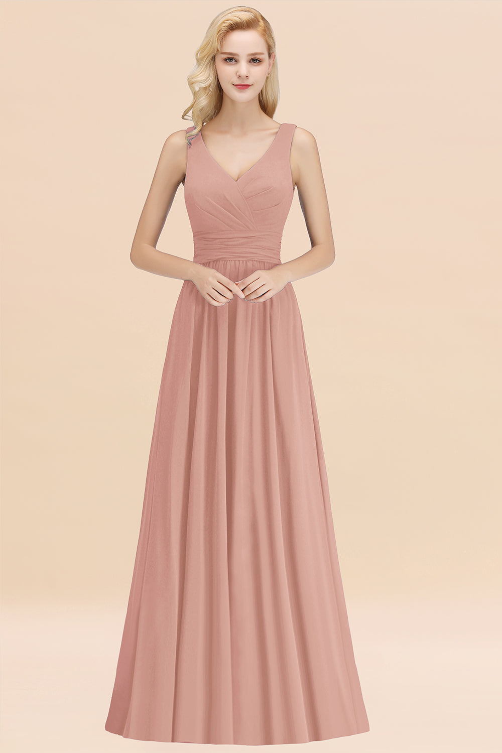 Long V-neck Sleeveless Chiffon A-line Dusty Rose Bridesmaid Dress