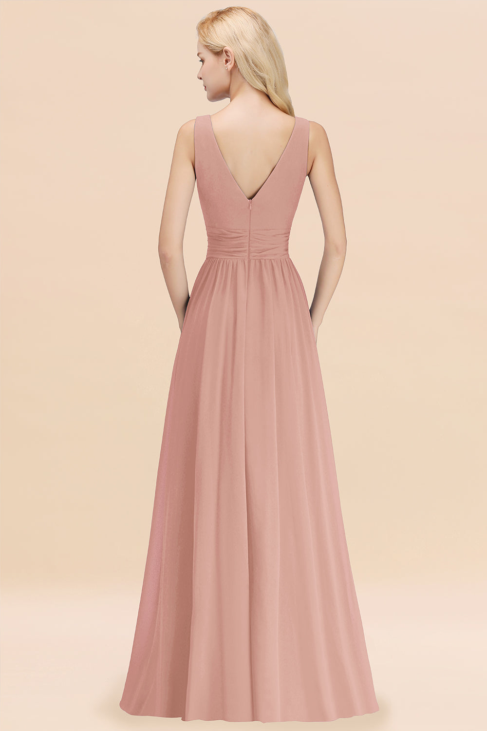 Long V-neck Sleeveless Chiffon A-line Dusty Rose Bridesmaid Dress
