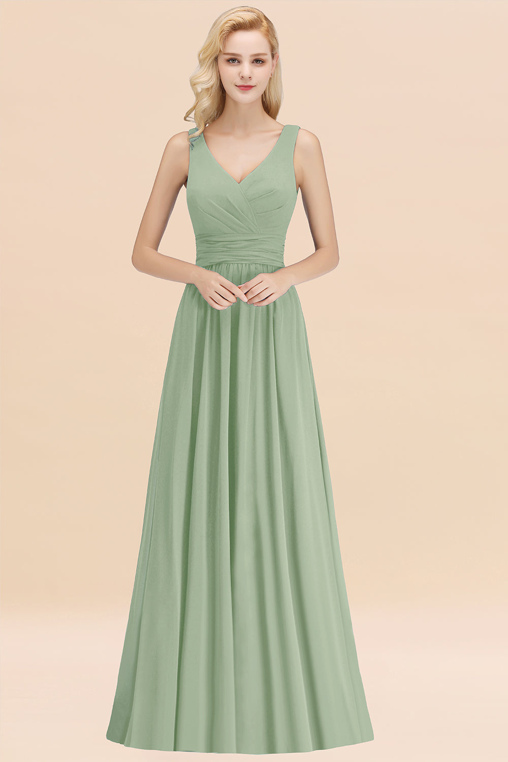 Long V-neck Sleeveless Chiffon A-line Dusty Sage Bridesmaid Dress