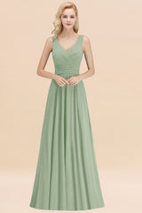 Long V-neck Sleeveless Chiffon A-line Dusty Sage Bridesmaid Dress
