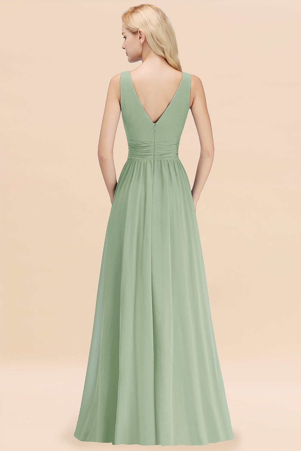 Long V-neck Sleeveless Chiffon A-line Dusty Sage Bridesmaid Dress