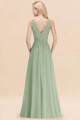 Long V-neck Sleeveless Chiffon A-line Dusty Sage Bridesmaid Dress