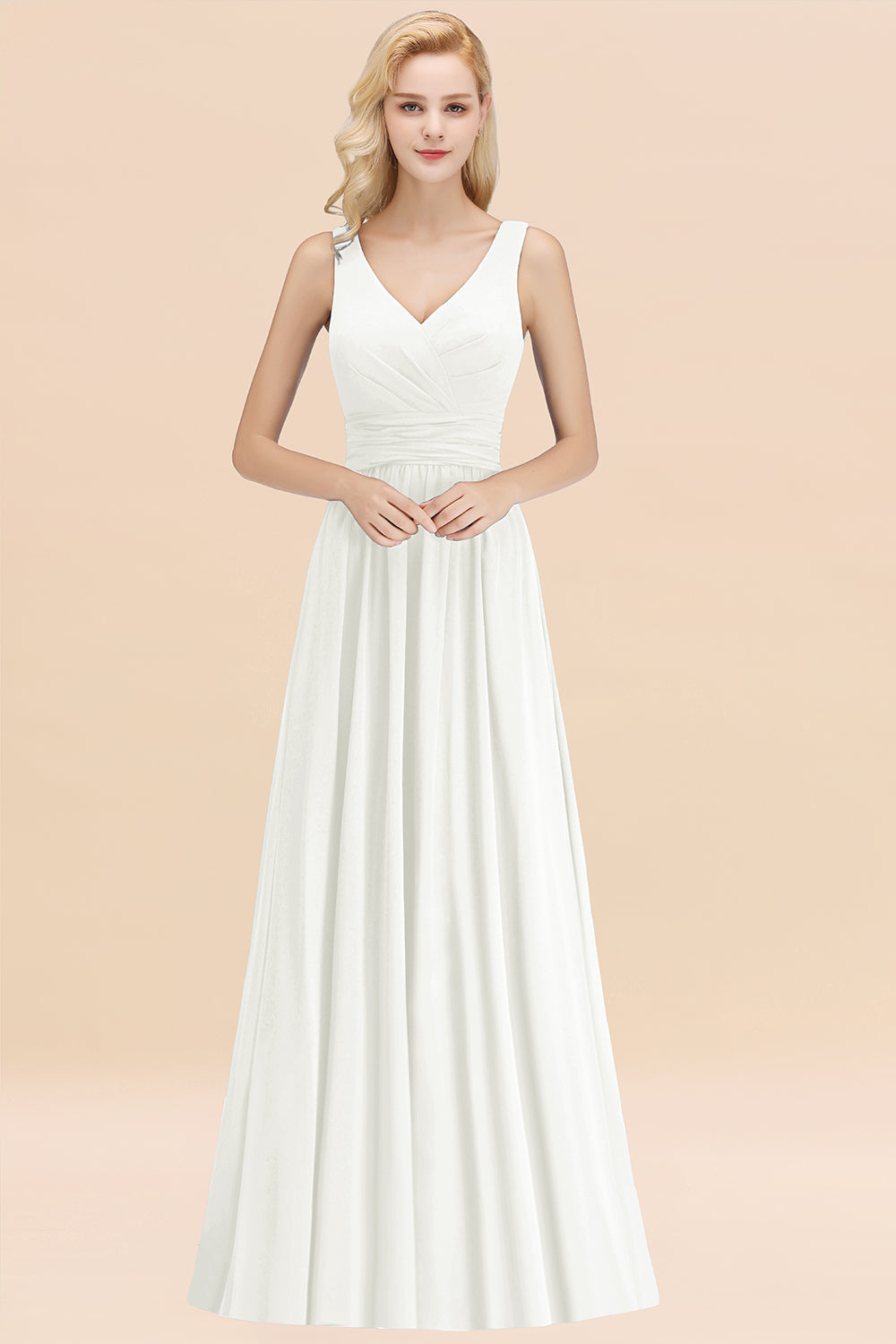 Long V-neck Sleeveless Chiffon A-line Ivory Bridesmaid Dress
