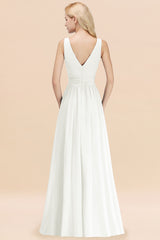 Long V-neck Sleeveless Chiffon A-line Ivory Bridesmaid Dress