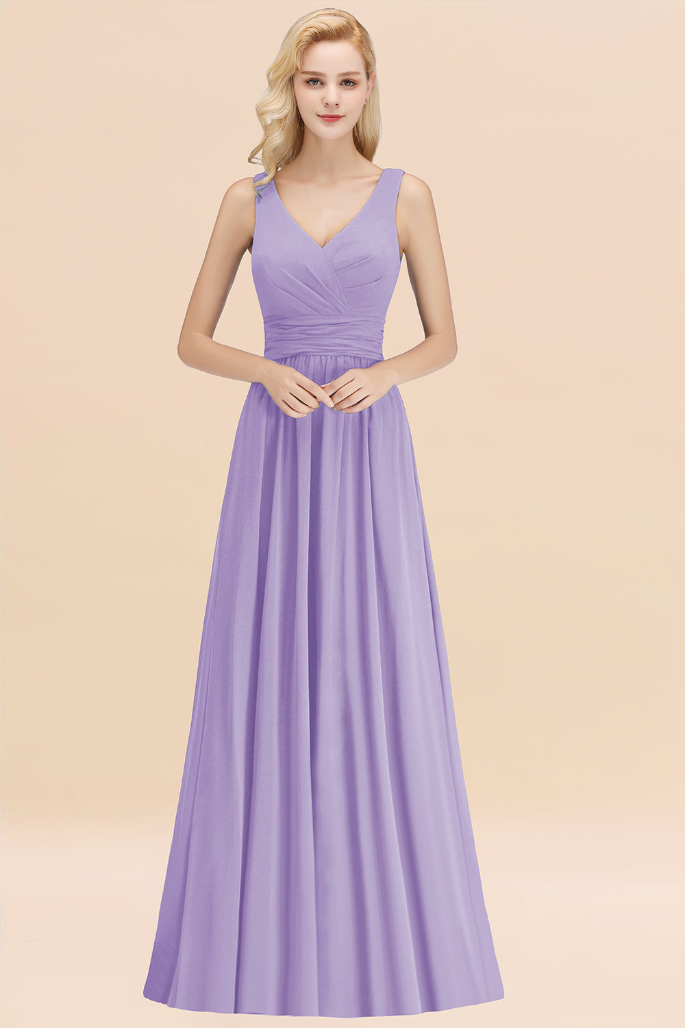 Long V-neck Sleeveless Chiffon A-line Lilac Bridesmaid Dress