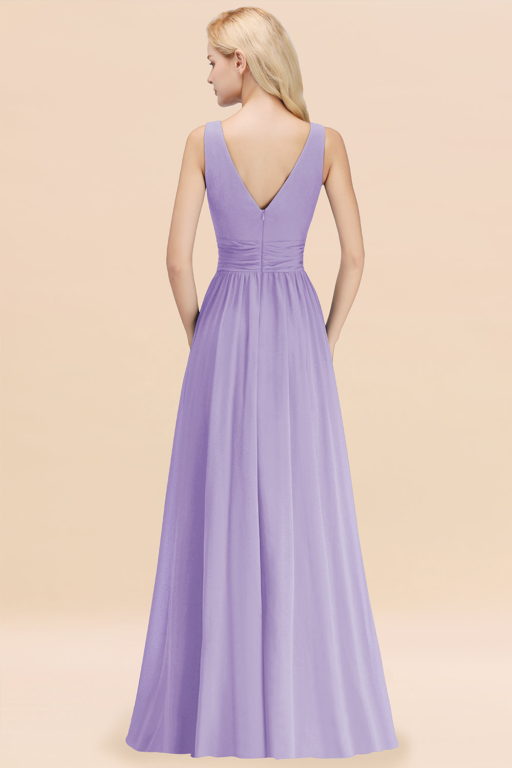Long V-neck Sleeveless Chiffon A-line Lilac Bridesmaid Dress