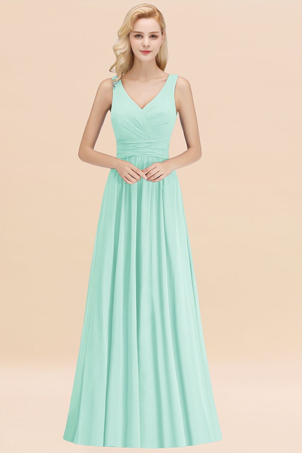 Long V-neck Sleeveless Chiffon A-line Mint Green Bridesmaid Dress