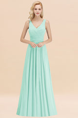 Long V-neck Sleeveless Chiffon A-line Mint Green Bridesmaid Dress