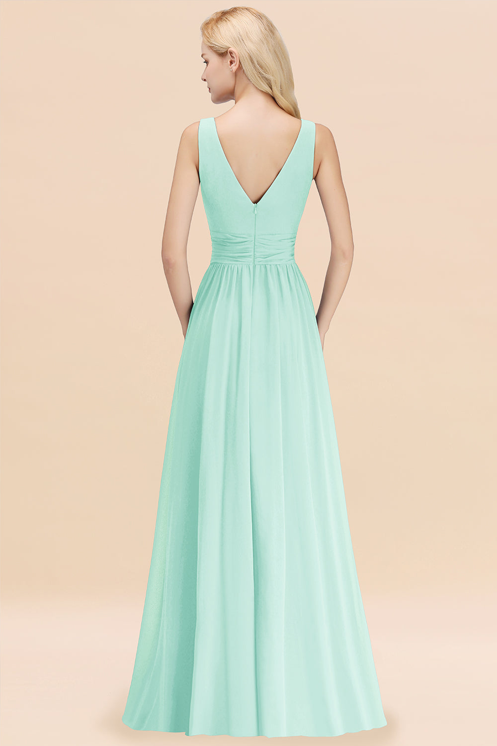 Long V-neck Sleeveless Chiffon A-line Mint Green Bridesmaid Dress