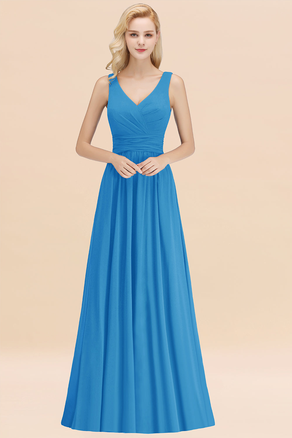 Long V-neck Sleeveless Chiffon A-line Ocean Blue Bridesmaid Dress