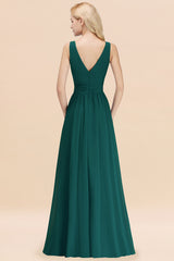 Long V-neck Sleeveless Chiffon A-line Peacock Bridesmaid Dress