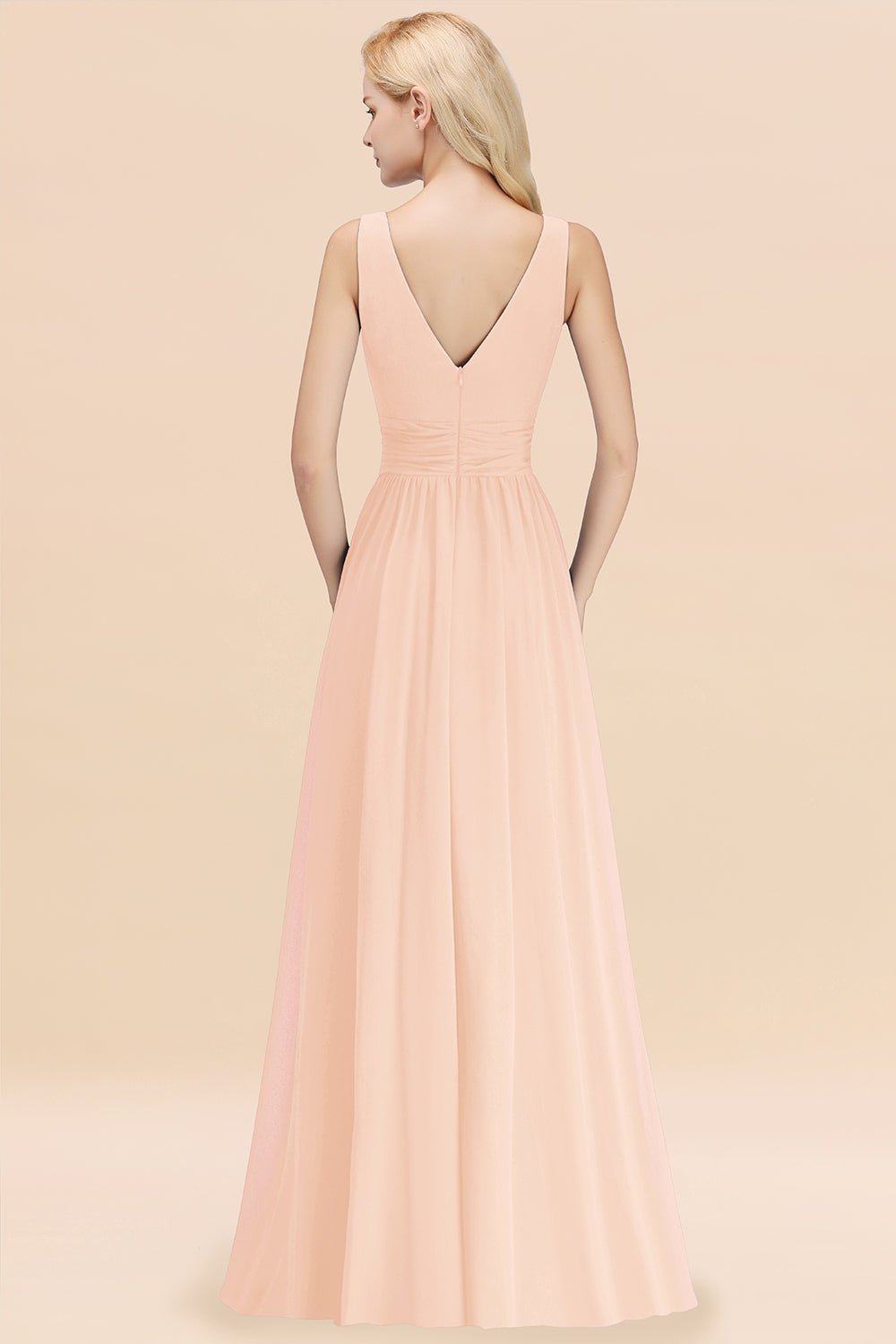 Long V-neck Sleeveless Chiffon A-line Pearl Pink Bridesmaid Dress