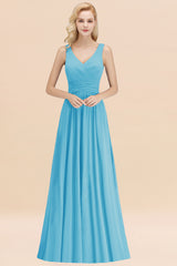 Long V-neck Sleeveless Chiffon A-line Pool Bridesmaid Dress