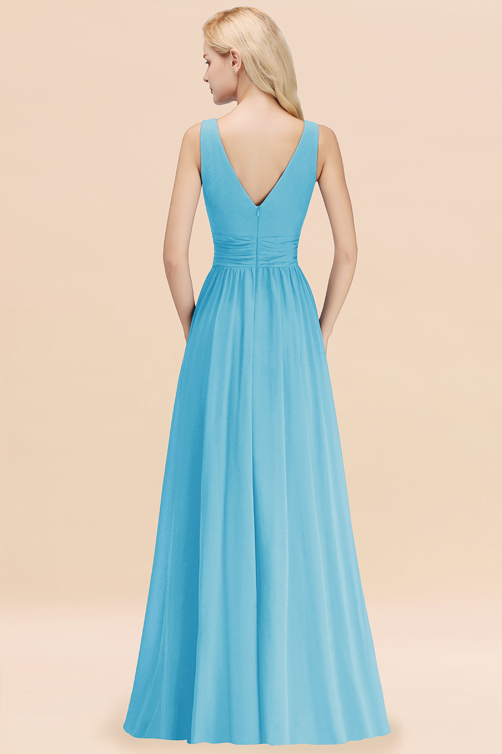 Long V-neck Sleeveless Chiffon A-line Pool Bridesmaid Dress