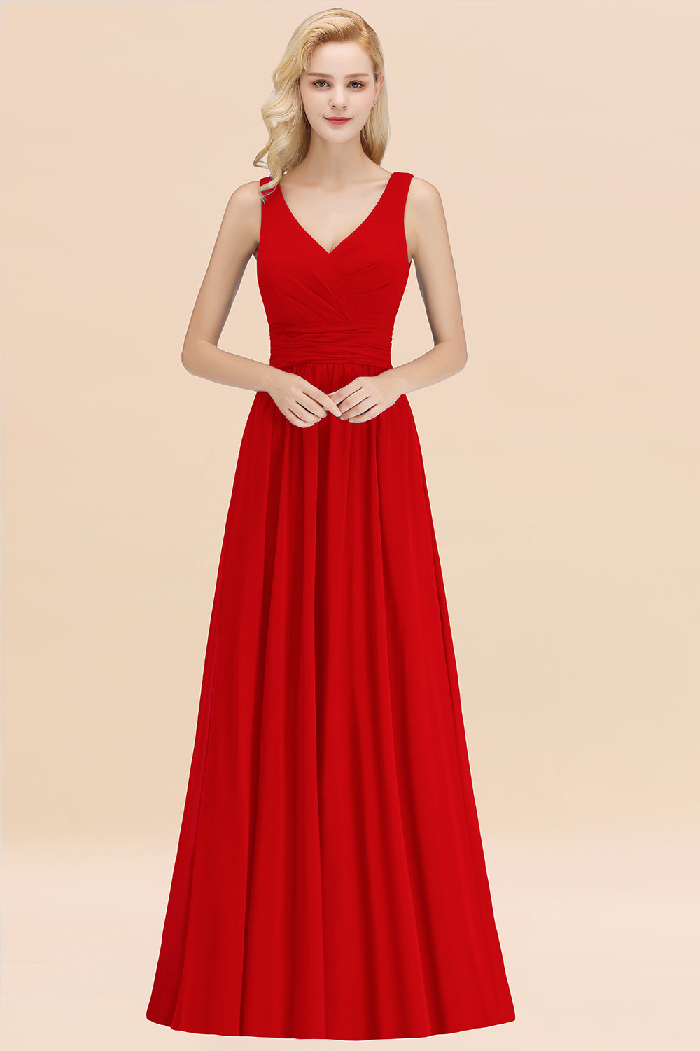 Long V-neck Sleeveless Chiffon A-line Red Bridesmaid Dress