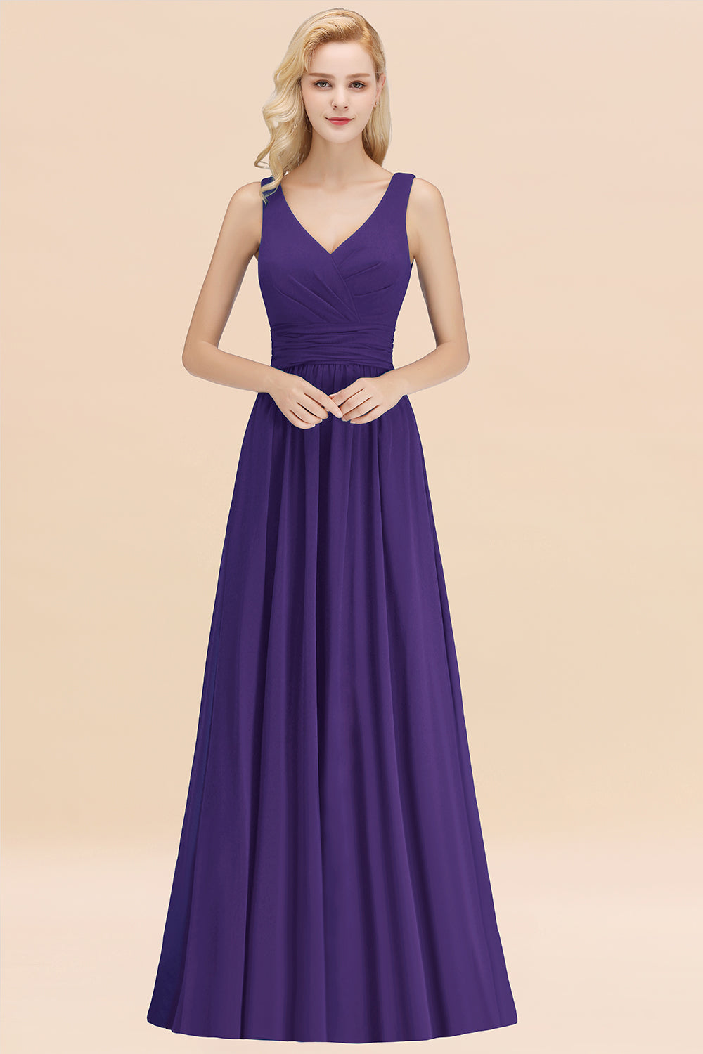 Long V-neck Sleeveless Chiffon A-line Regency Bridesmaid Dress