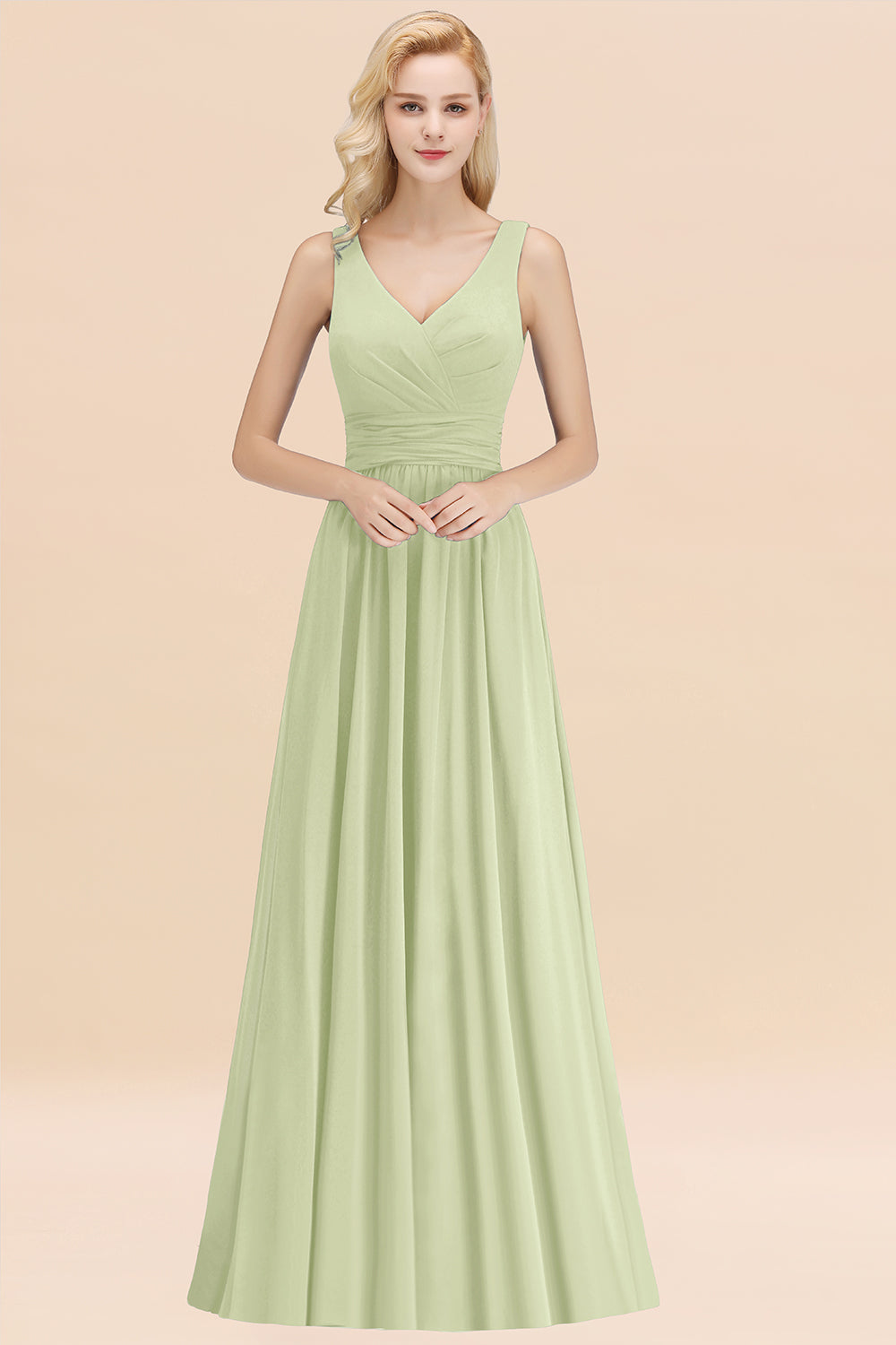 Long V-neck Sleeveless Chiffon A-line Sage Bridesmaid Dress
