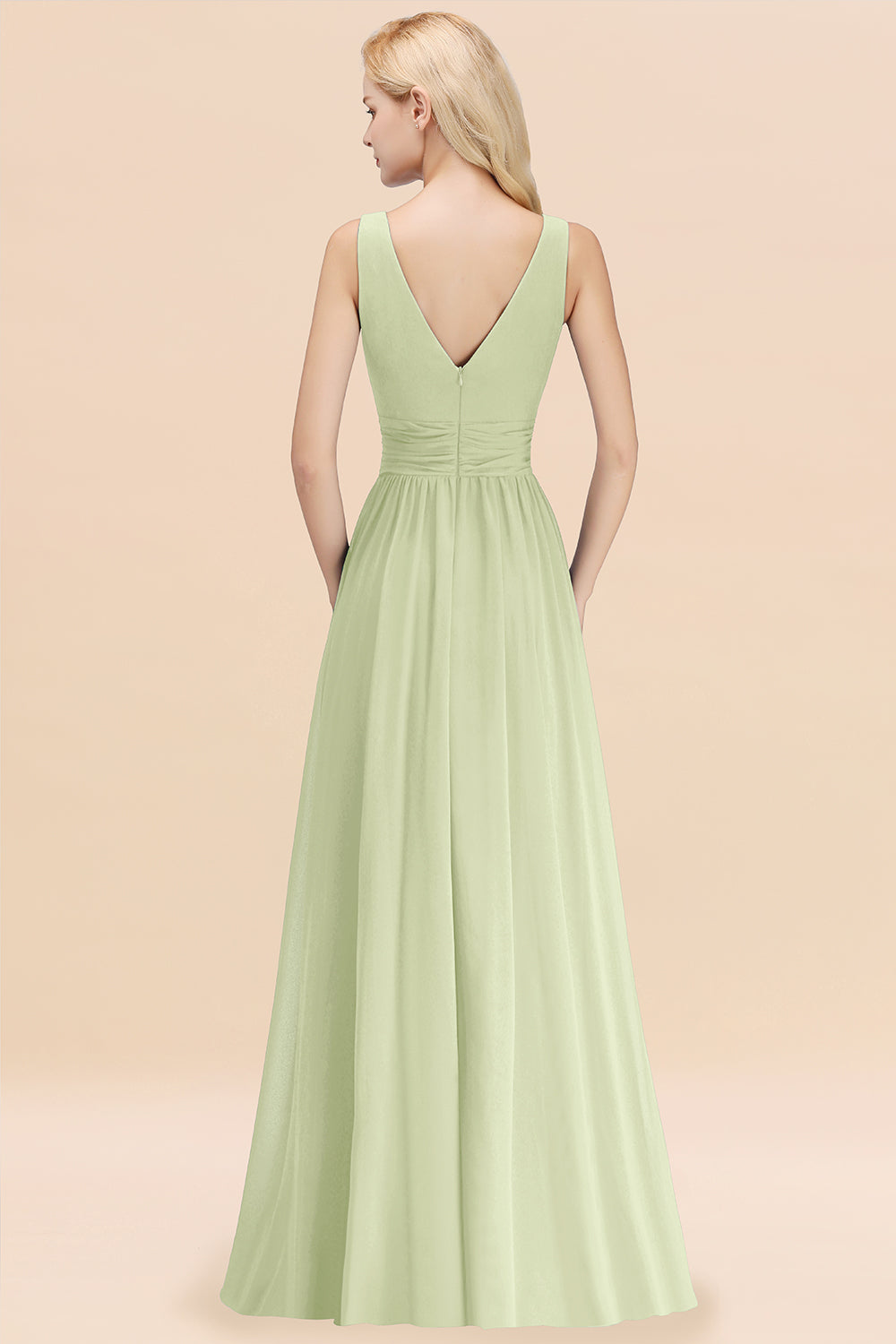 Long V-neck Sleeveless Chiffon A-line Sage Bridesmaid Dress