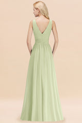 Long V-neck Sleeveless Chiffon A-line Sage Bridesmaid Dress