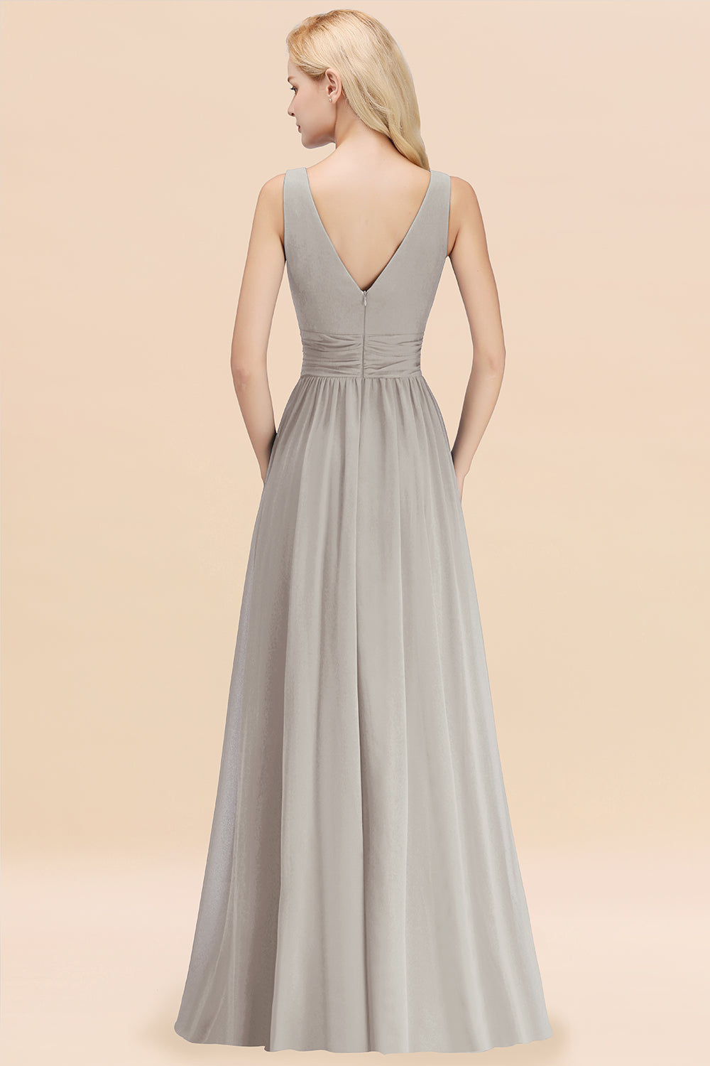 Long V-neck Sleeveless Chiffon A-line Silver Bridesmaid Dress