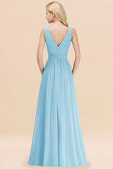 Long V-neck Sleeveless Chiffon A-line Sky Blue Bridesmaid Dress
