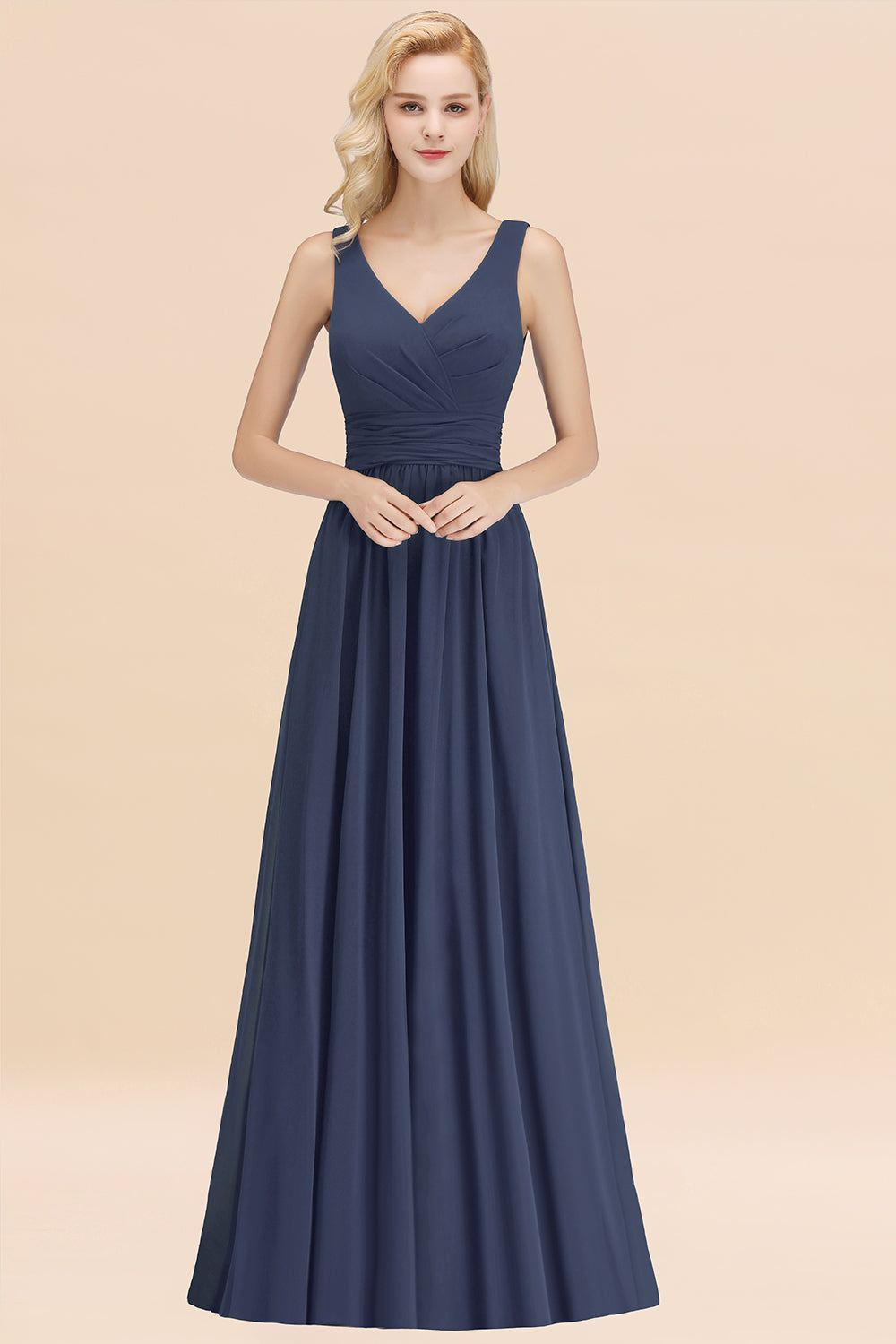 Long V-neck Sleeveless Chiffon A-line Stormy Bridesmaid Dress