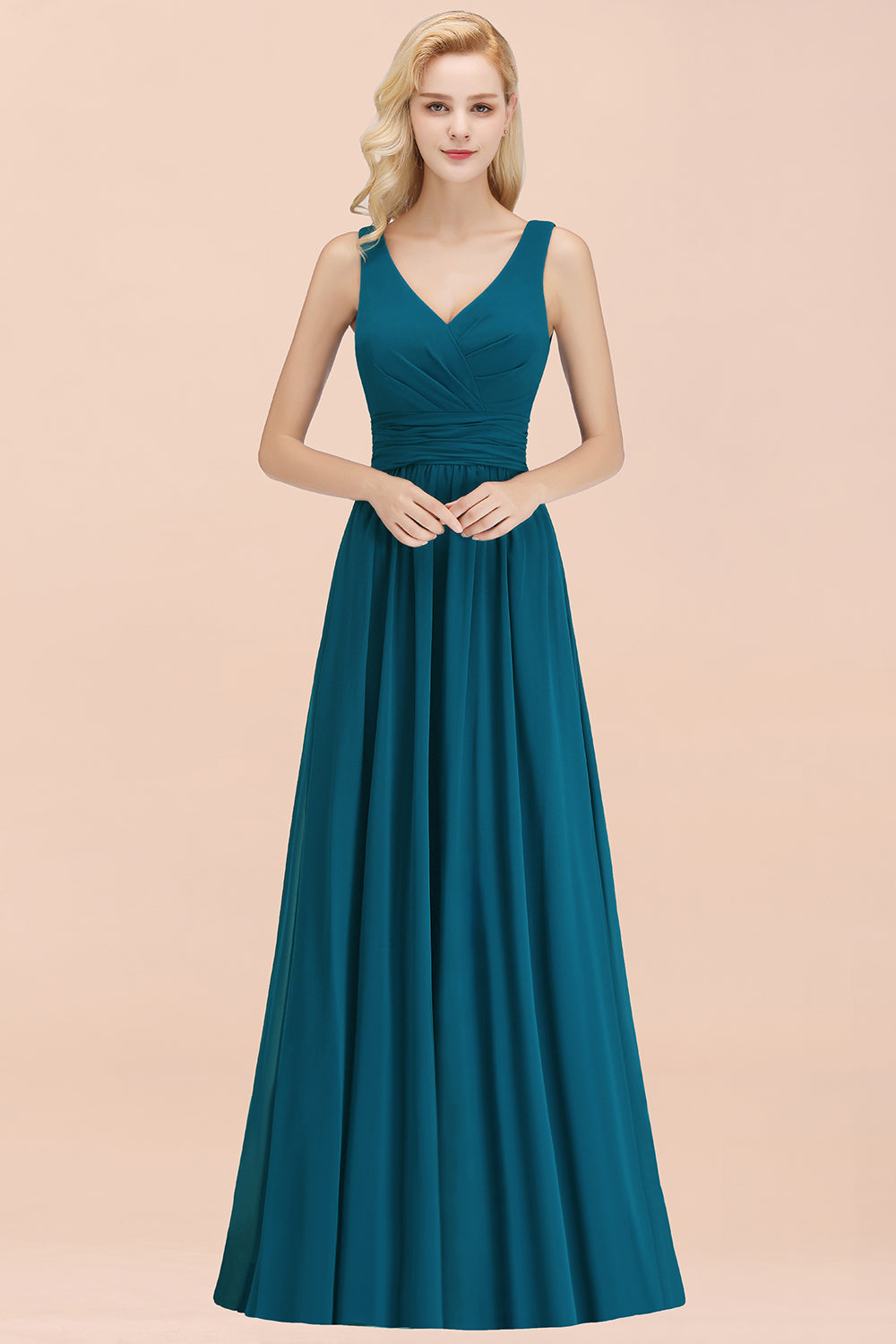 Long V-neck Sleeveless Chiffon A-line Straps Floor Length Ink Blue Bridesmaid Dress