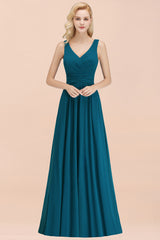 Long V-neck Sleeveless Chiffon A-line Straps Floor Length Ink Blue Bridesmaid Dress