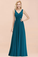 Long V-neck Sleeveless Chiffon A-line Straps Floor Length Ink Blue Bridesmaid Dress