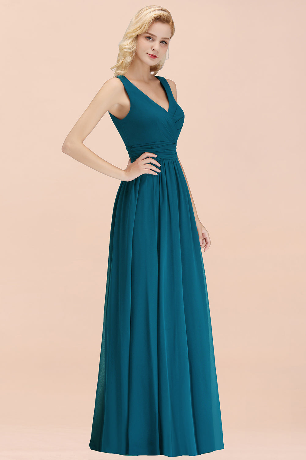 Long V-neck Sleeveless Chiffon A-line Straps Floor Length Ink Blue Bridesmaid Dress