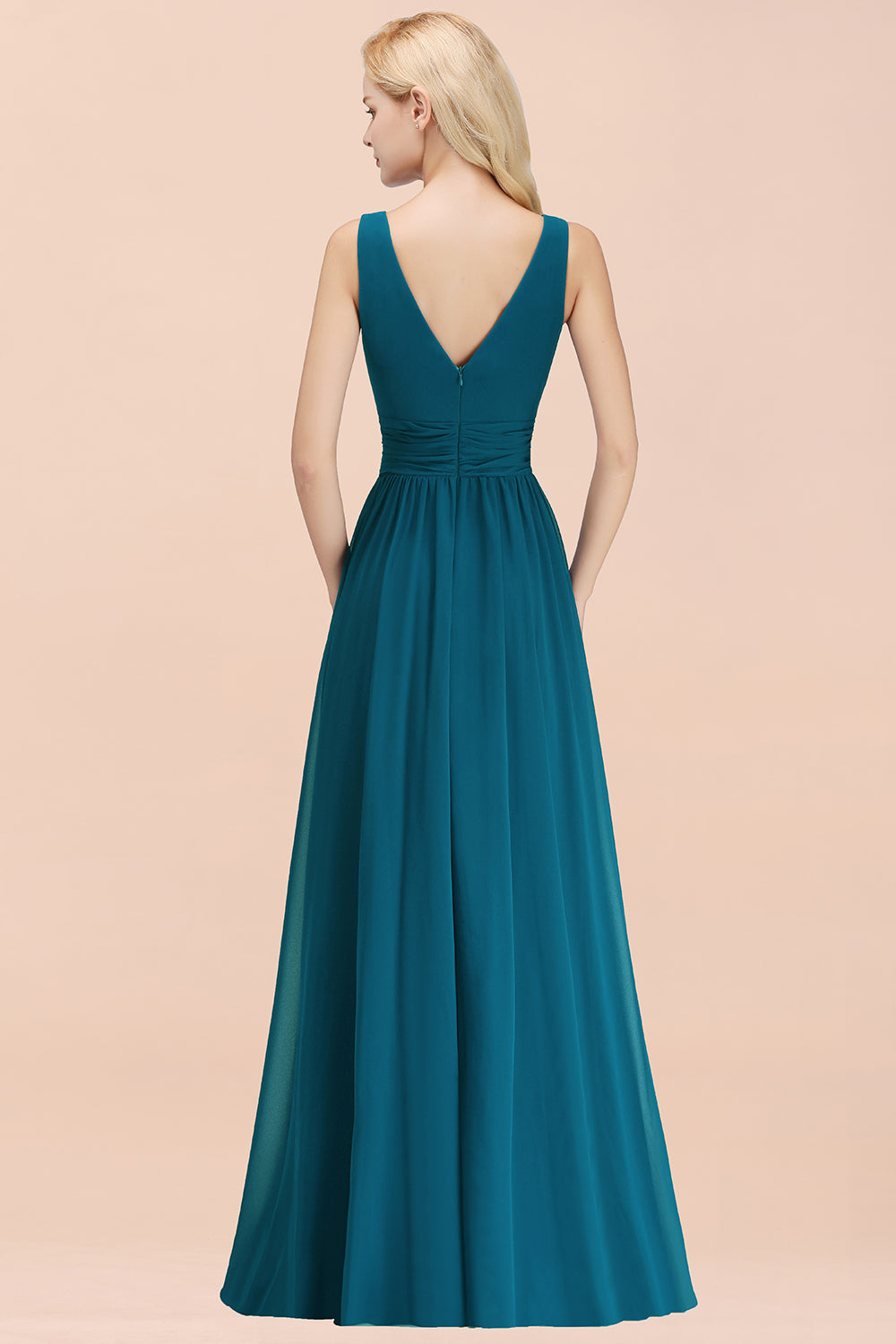 Long V-neck Sleeveless Chiffon A-line Straps Floor Length Ink Blue Bridesmaid Dress