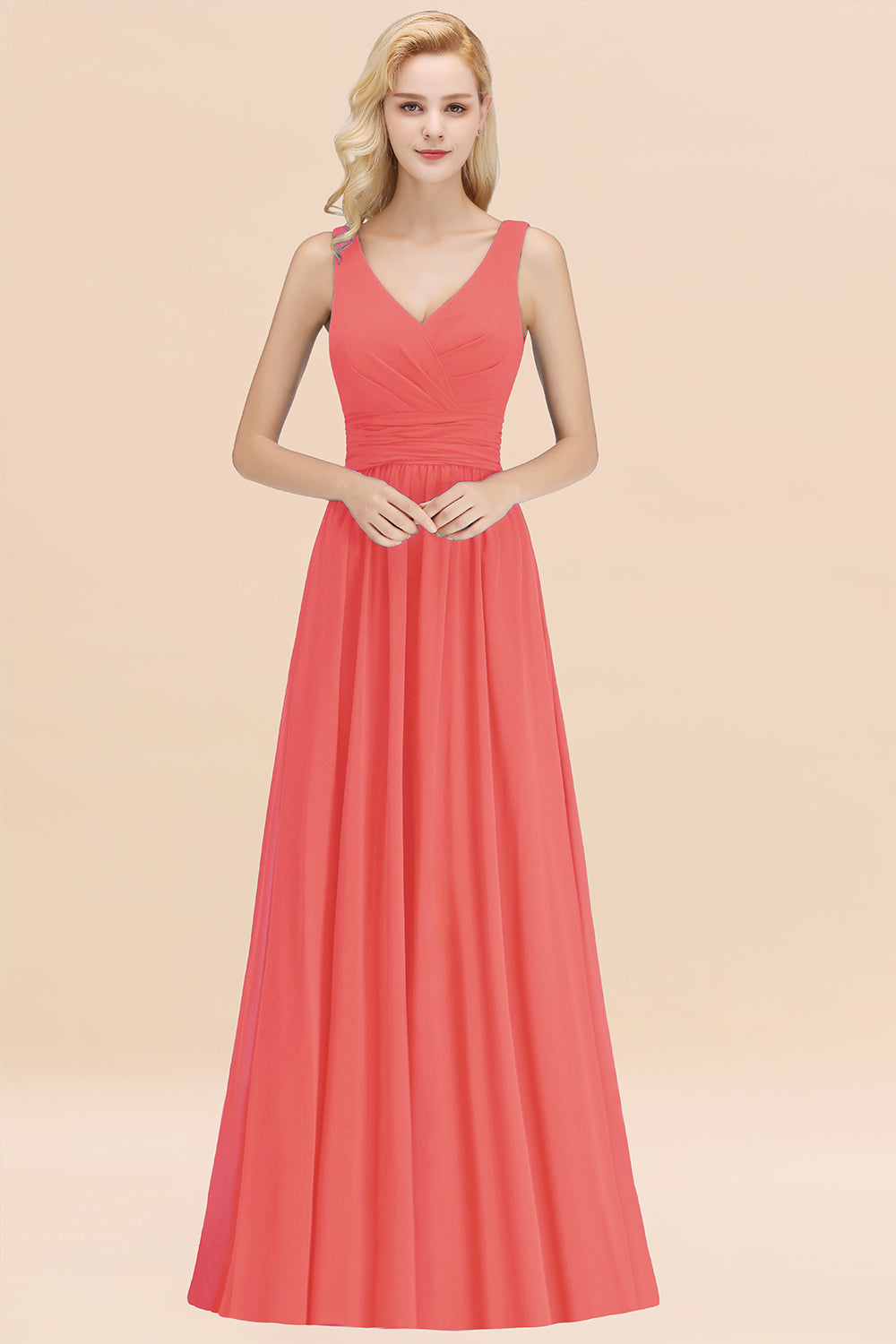 Long V-neck Sleeveless Chiffon A-line Watermelon Bridesmaid Dress