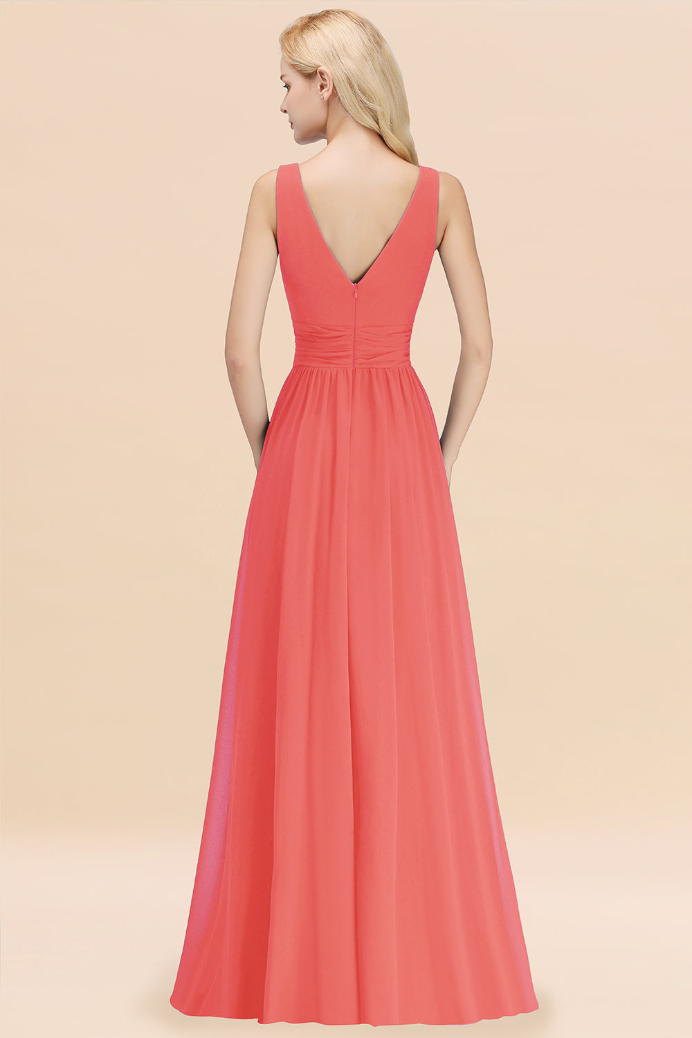 Long V-neck Sleeveless Chiffon A-line Watermelon Bridesmaid Dress