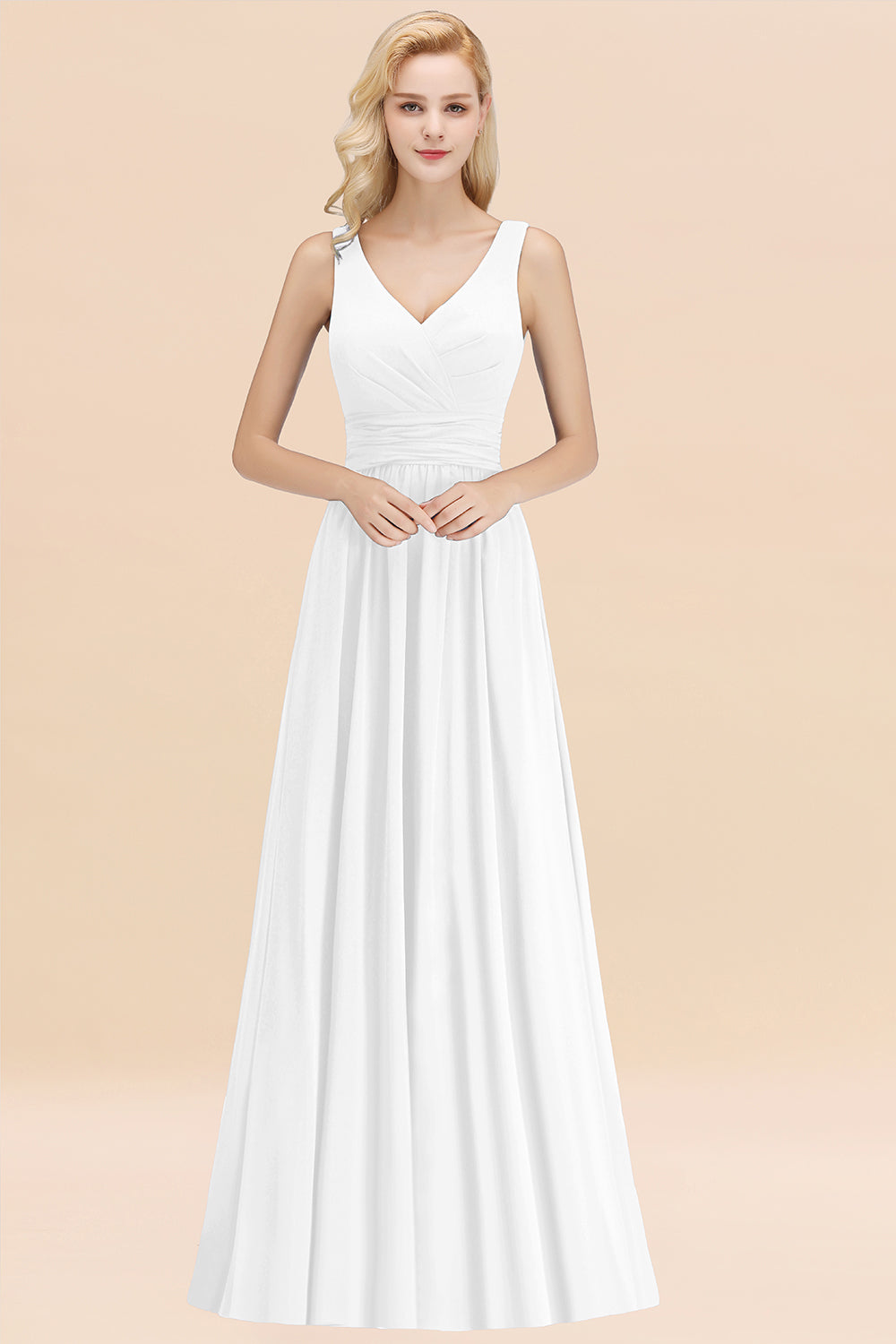 Long V-neck Sleeveless Chiffon A-line White Bridesmaid Dress
