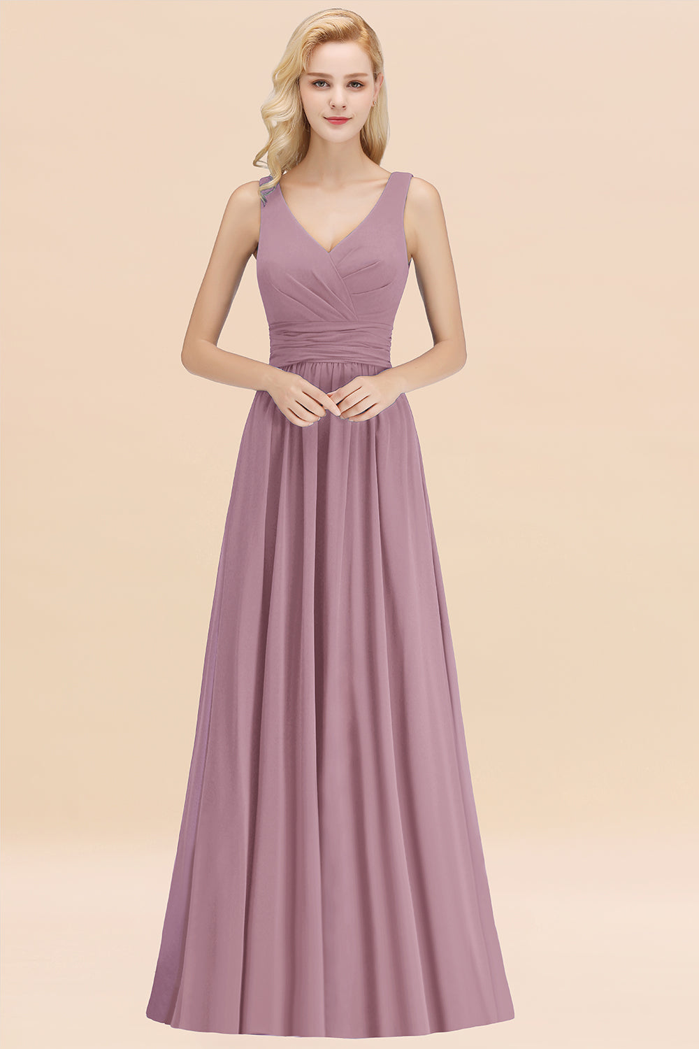 Long V-neck Sleeveless Chiffon A-line Wisteria Bridesmaid Dress