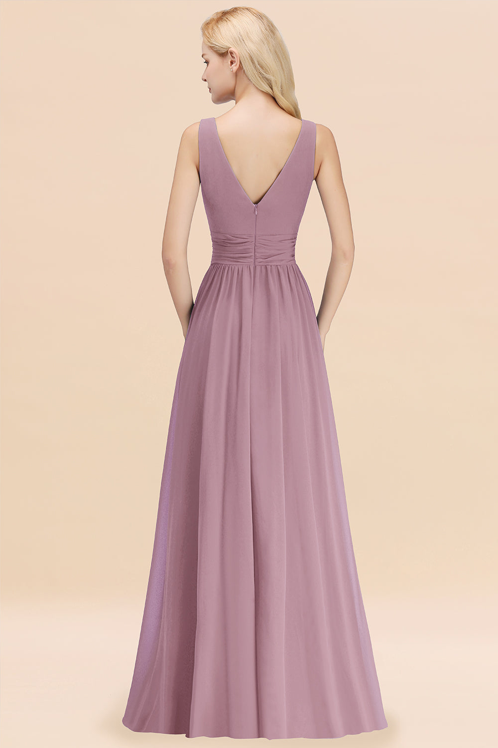 Long V-neck Sleeveless Chiffon A-line Wisteria Bridesmaid Dress