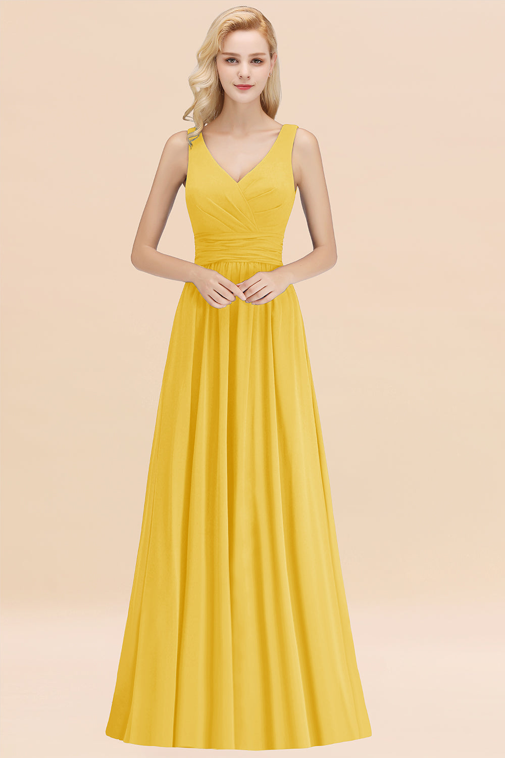 Long V-neck Sleeveless Chiffon A-line Yellow Bridesmaid Dress