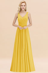 Long V-neck Sleeveless Chiffon A-line Yellow Bridesmaid Dress