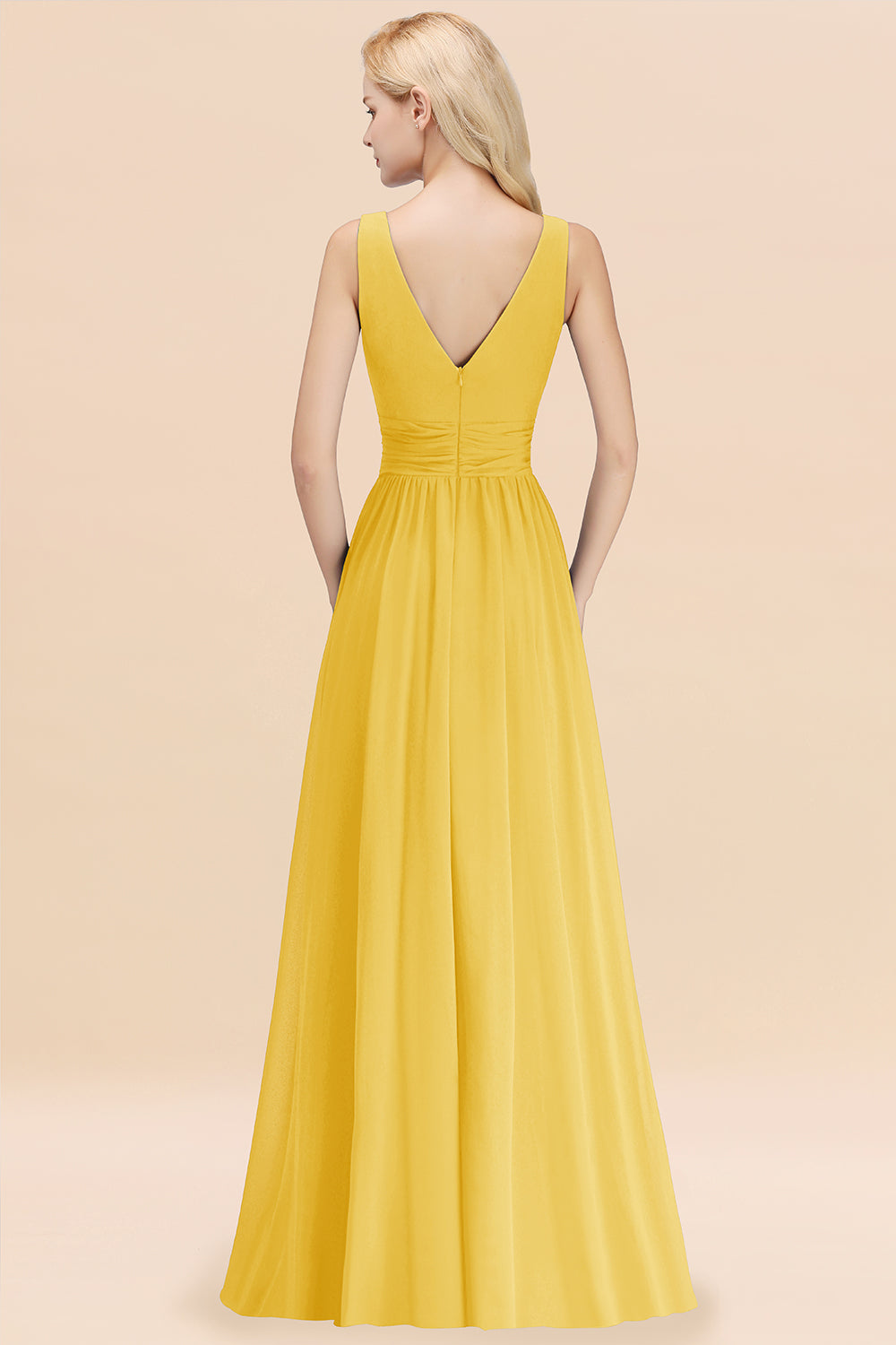 Long V-neck Sleeveless Chiffon A-line Yellow Bridesmaid Dress