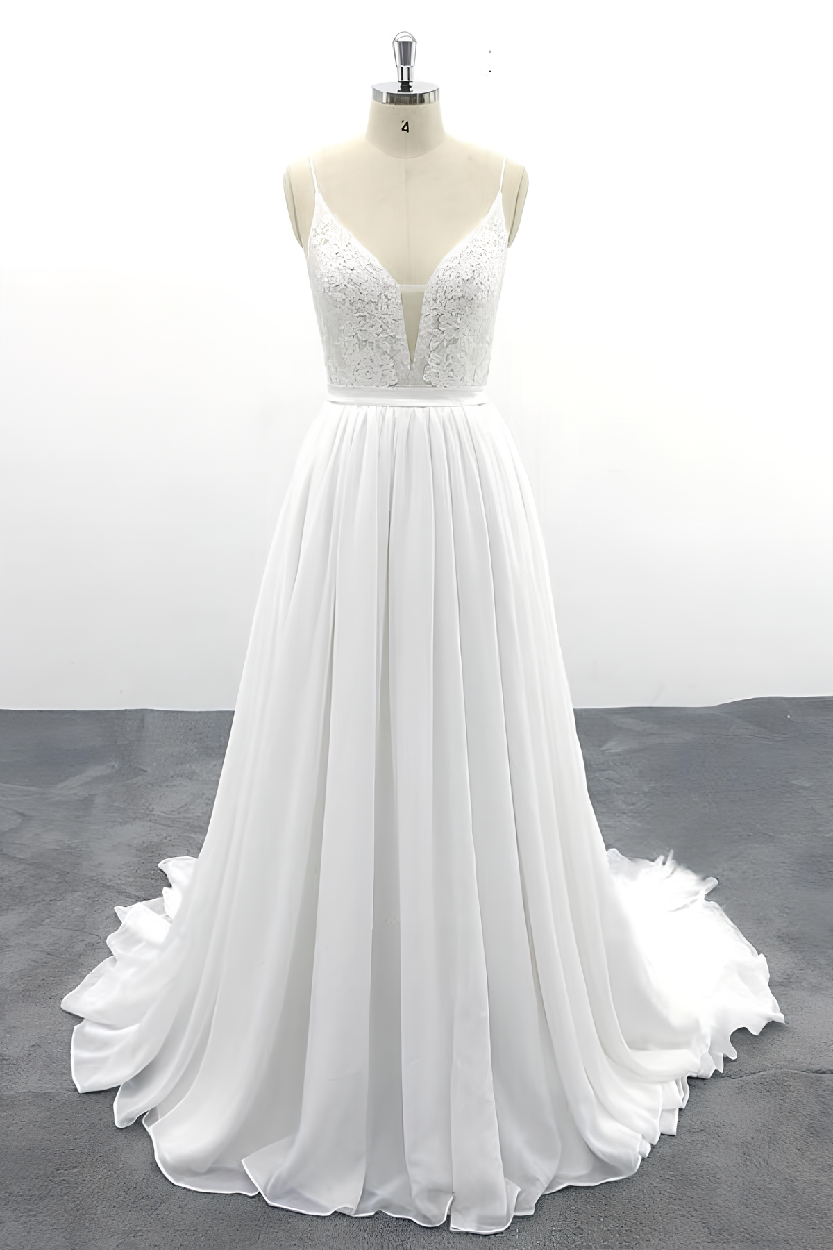 Long V-neck Spaghetti Strap Lace Chiffon A-line Wedding Dress