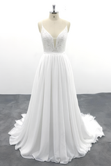 Long V-neck Spaghetti Strap Lace Chiffon A-line Wedding Dress