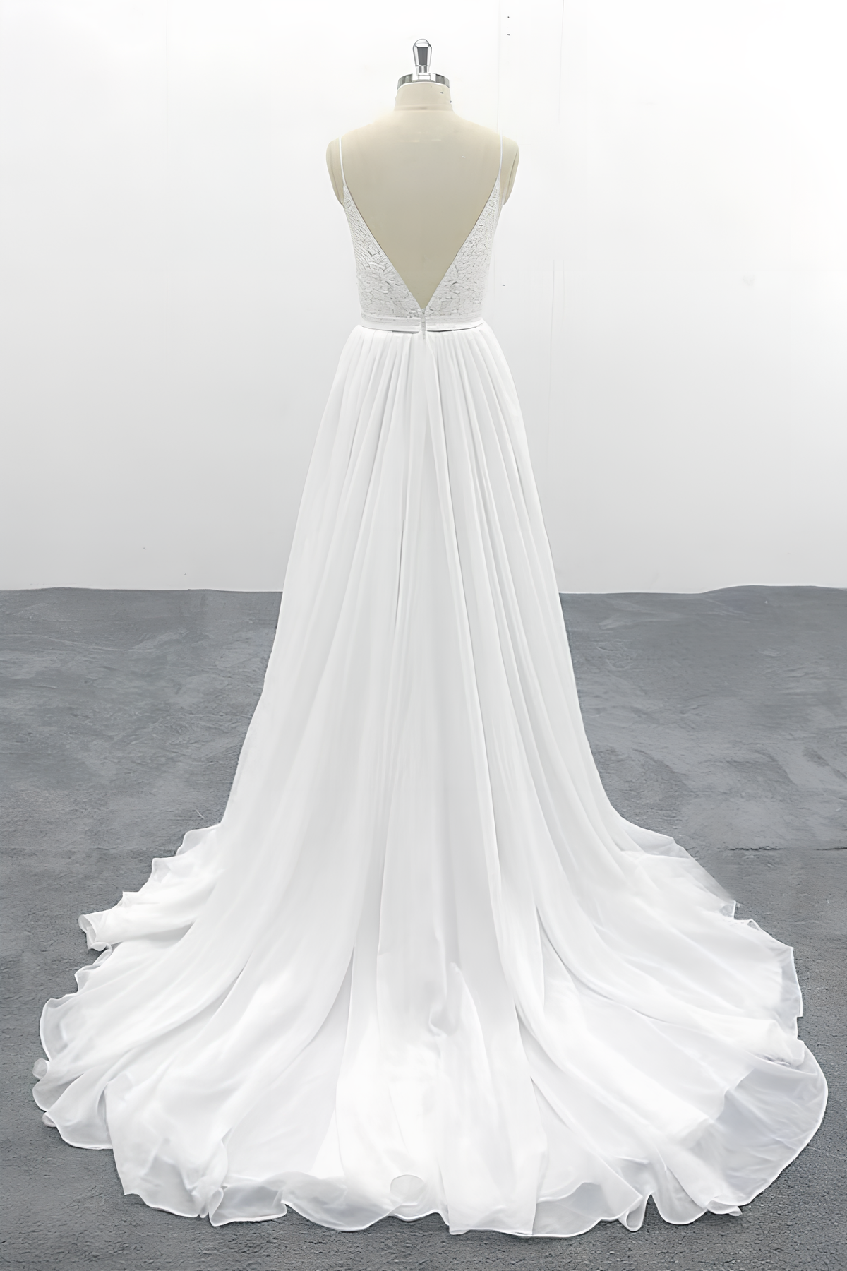 Long V-neck Spaghetti Strap Lace Chiffon A-line Wedding Dress