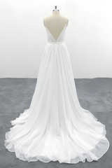 Long V-neck Spaghetti Strap Lace Chiffon A-line Wedding Dress