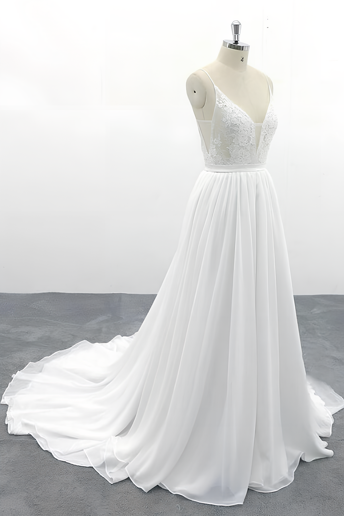 Long V-neck Spaghetti Strap Lace Chiffon A-line Wedding Dress