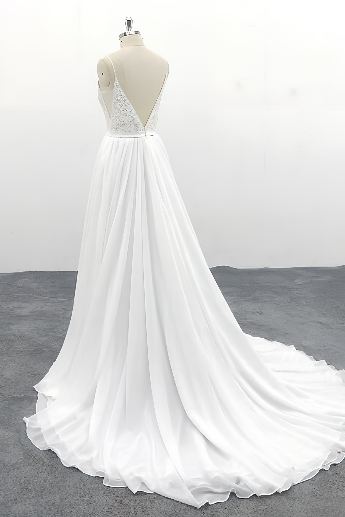Long V-neck Spaghetti Strap Lace Chiffon A-line Wedding Dress
