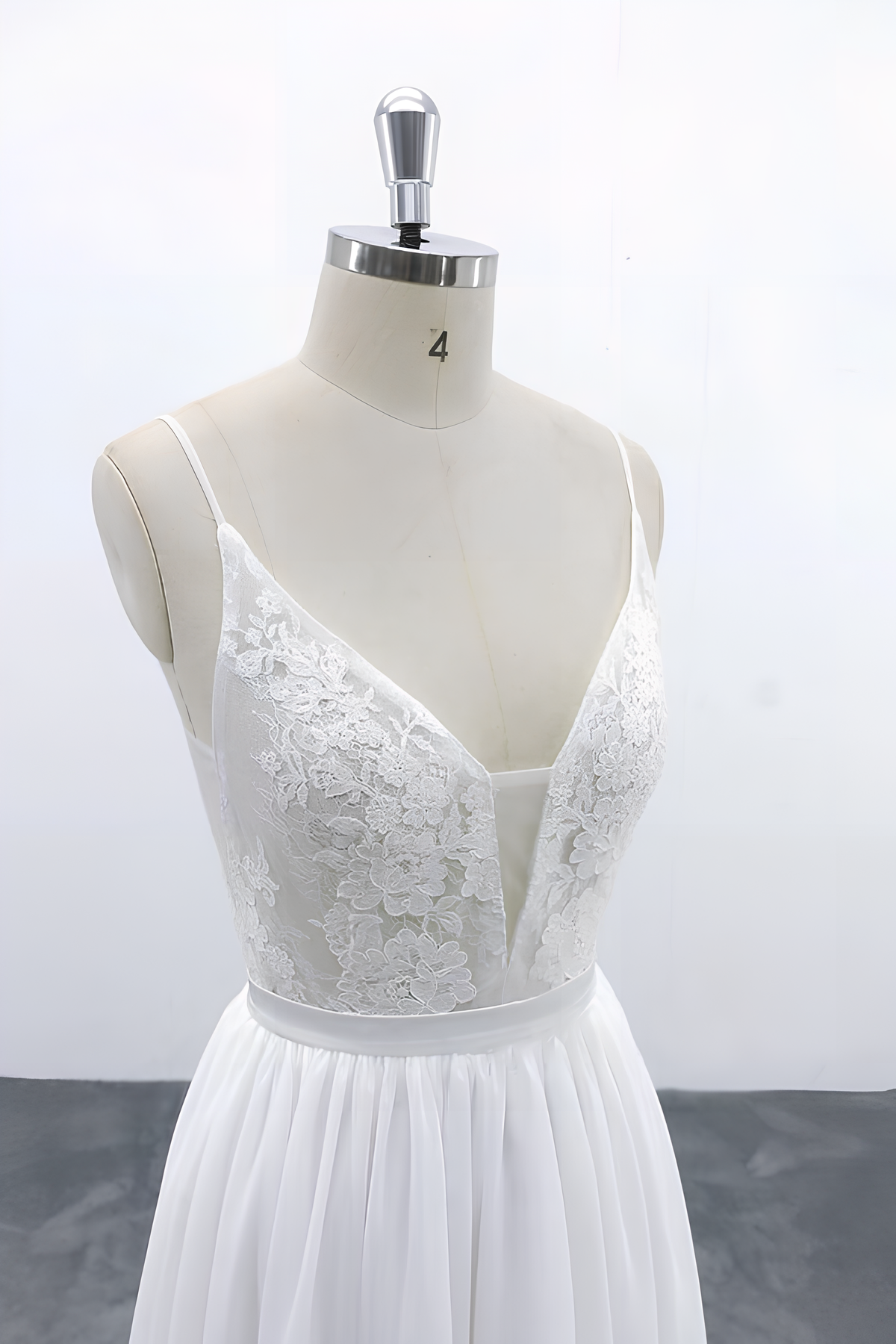 Long V-neck Spaghetti Strap Lace Chiffon A-line Wedding Dress