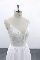 Long V-neck Spaghetti Strap Lace Chiffon A-line Wedding Dress