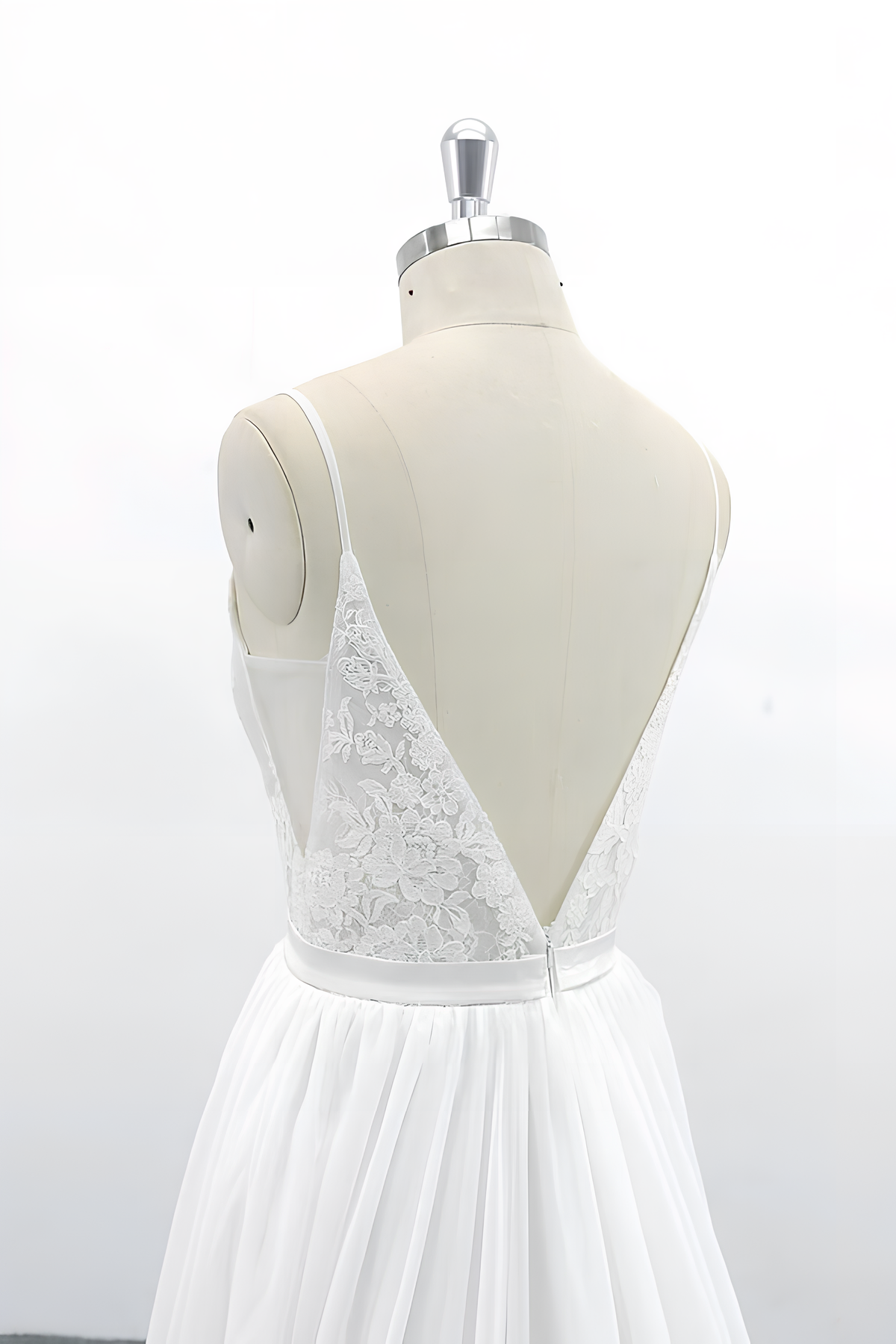 Long V-neck Spaghetti Strap Lace Chiffon A-line Wedding Dress